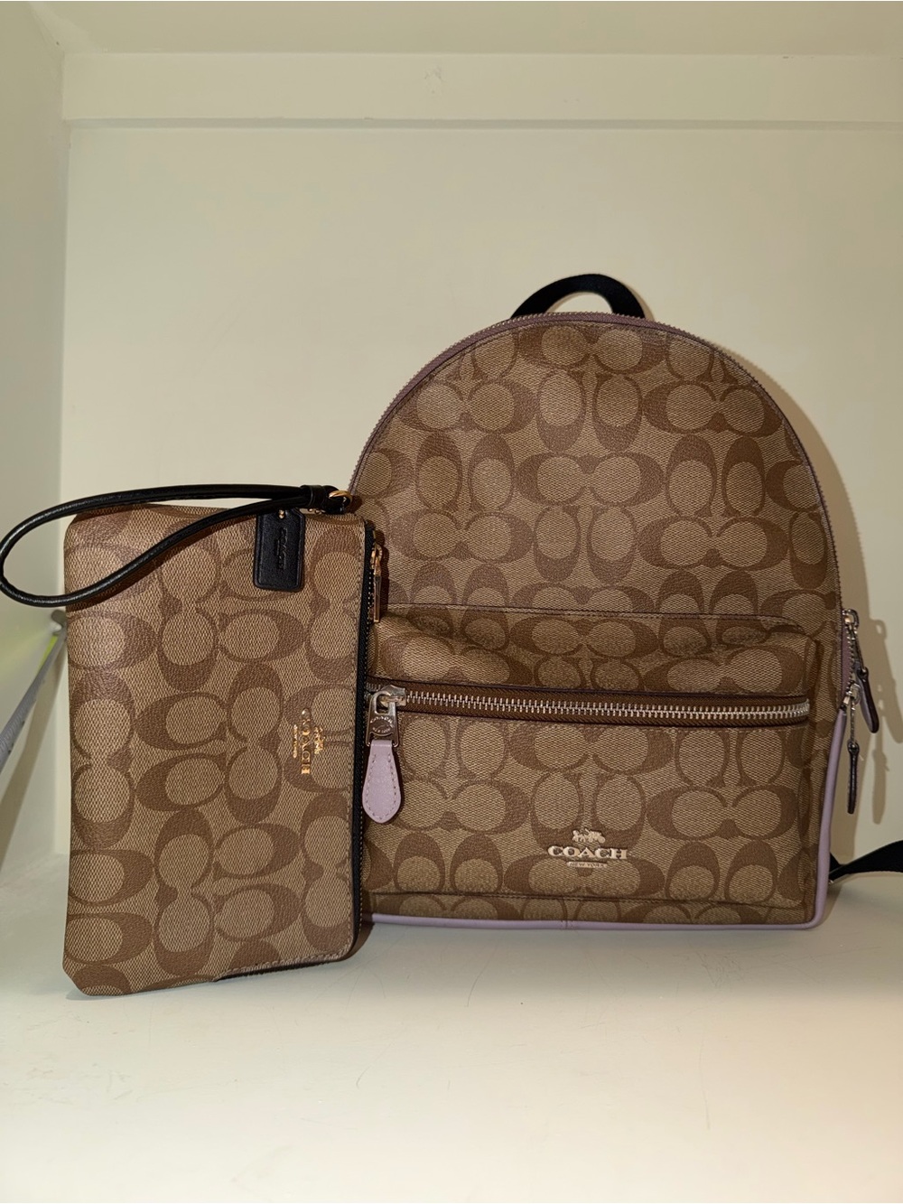 Coach Brown Signature Canvas Backpack with Wristlet